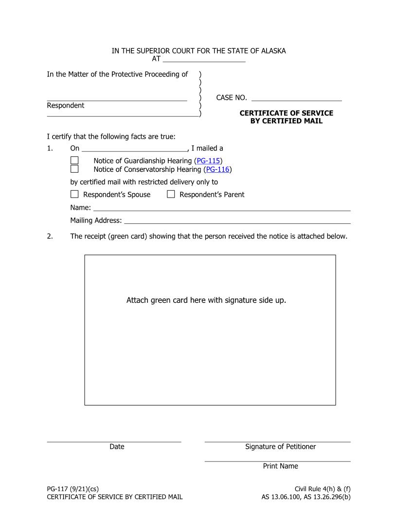 Certificate Of Service By Certified Mail {PG-117} | Pdf Fpdf Doc Docx | Alaska