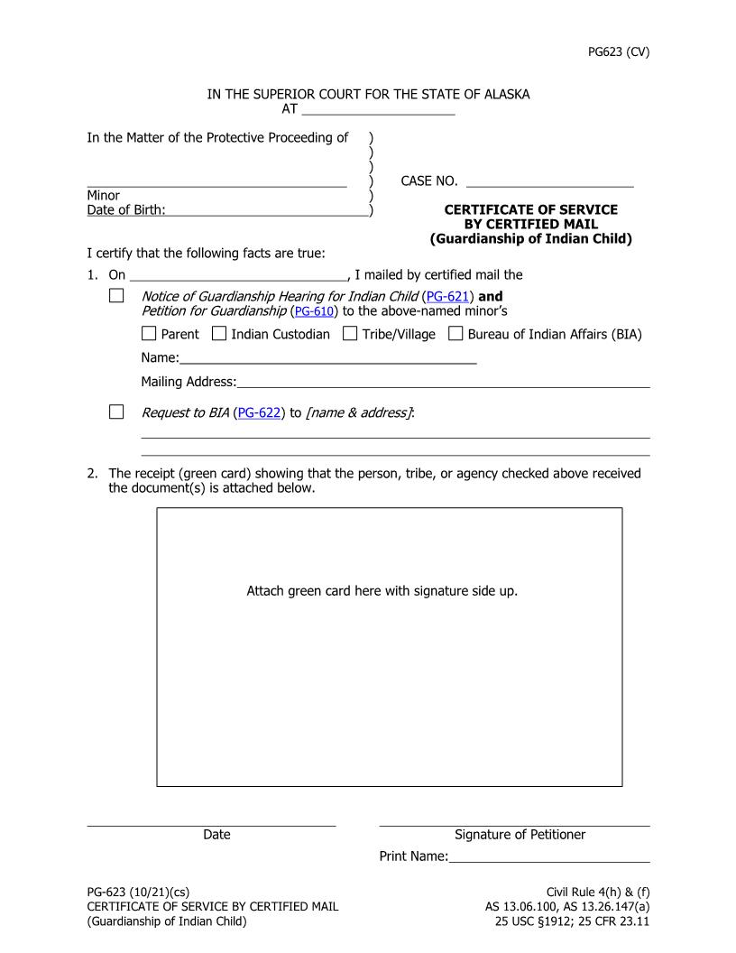 Certificate Of Service By Certified Mail (Guardianship Of Indian Child) {PG-623} | Pdf Fpdf Doc Docx | Alaska