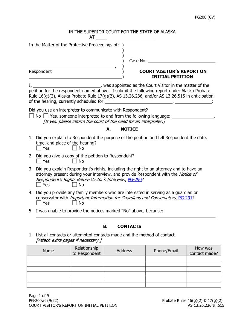 Court Visitors Report On Initial Petition {PG-200} | Pdf Fpdf Docx | Alaska