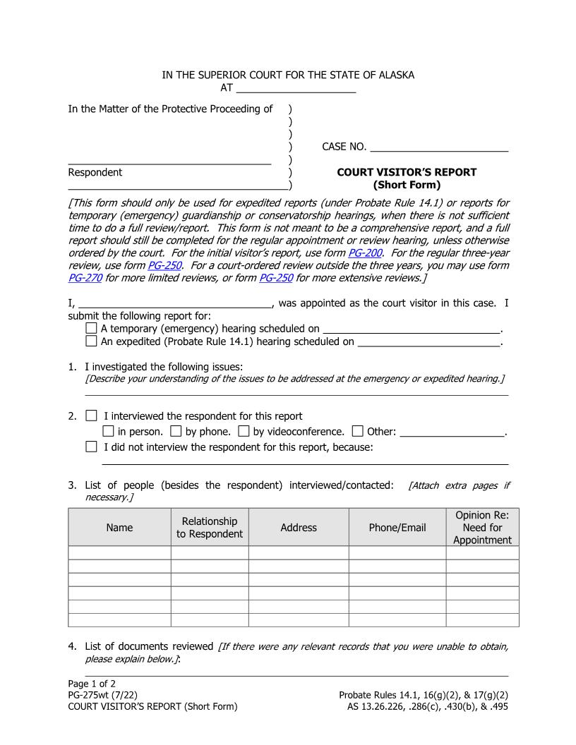 Court Visitors Report Short Form {PG-275} | Pdf Fpdf Docx | Alaska