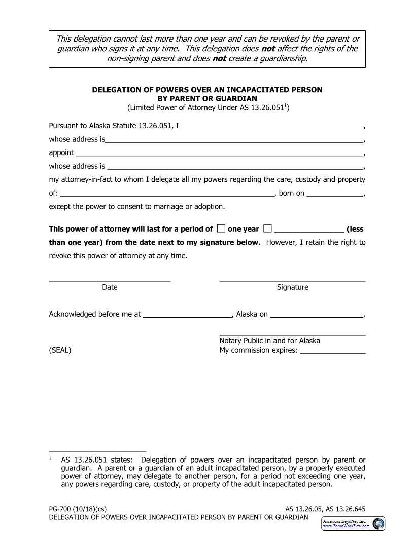 Delegation Of Powers Over An Incapacitated Person By Parent Or Guardian {PG-700} | Pdf Fpdf Docx | Alaska