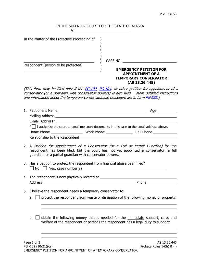 Emergency Petition For Appointment Of A Temporary Conservator {PG-102} | Pdf Fpdf Doc Docx | Alaska