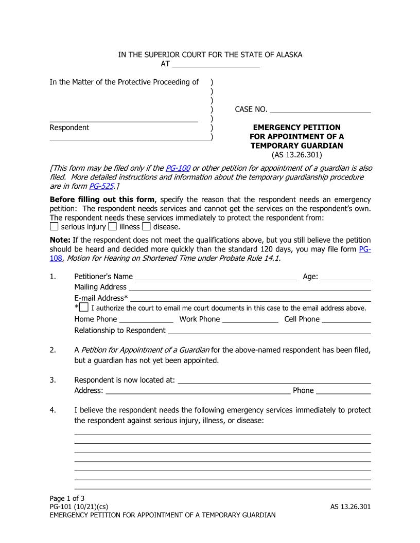 Emergency Petition For Appointment Of A Temporary Guardian {PG-101} | Pdf Fpdf Docx | Alaska