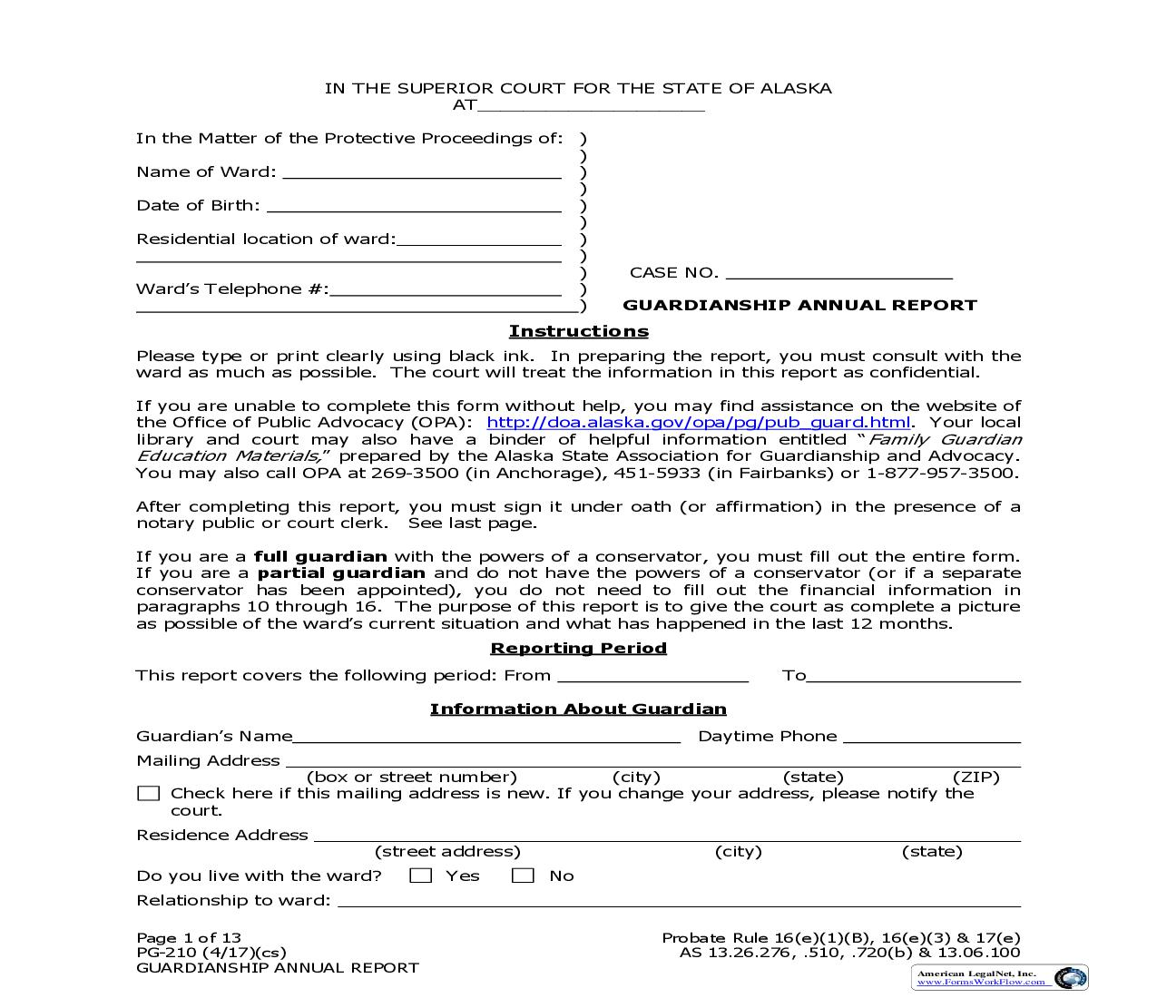 Guardianship Annual Report {PG-210} | Pdf Fpdf Doc Docx | Alaska