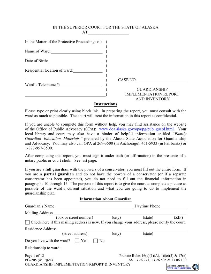 Guardianship Implementation Report And Inventory {PG-205} | Pdf Fpdf Docx | Alaska