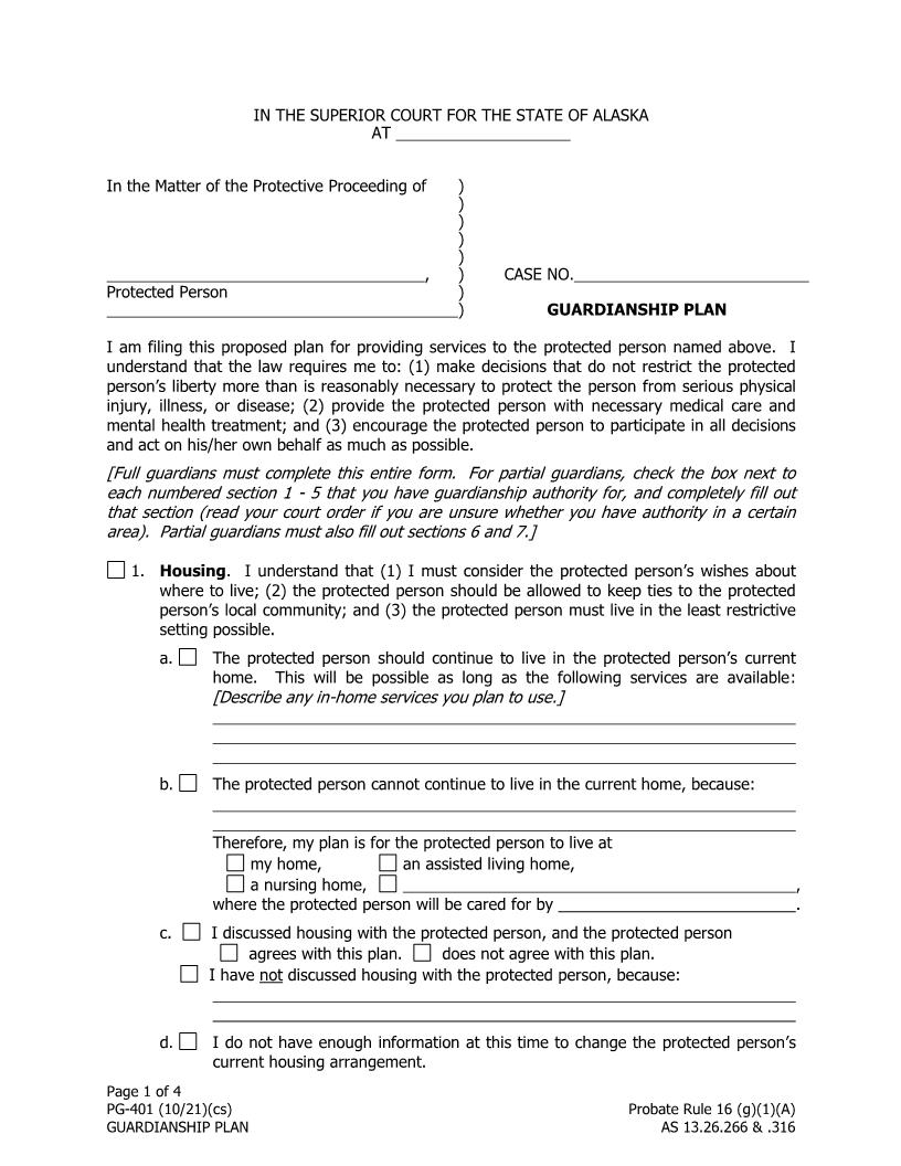 Guardianship Plan {PG-401} | Pdf Fpdf Doc Docx | Alaska