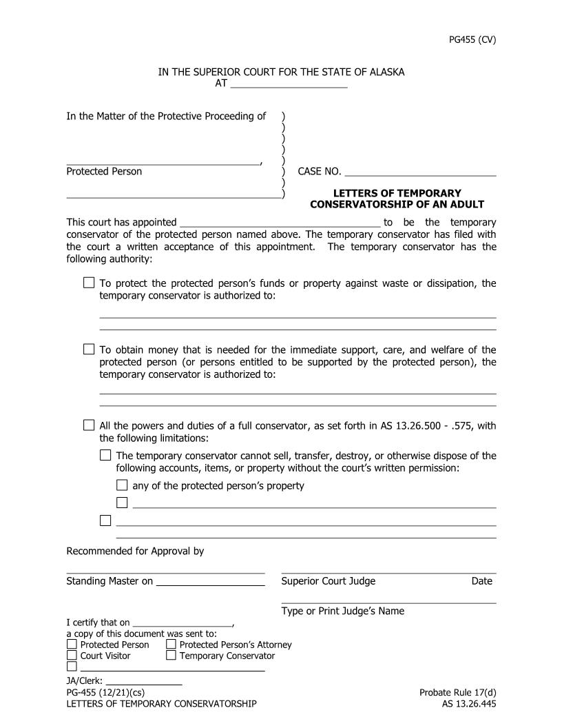 Letters Of Temporary Conservatorship Of An Adult {PG-455} | Pdf Fpdf Doc Docx | Alaska