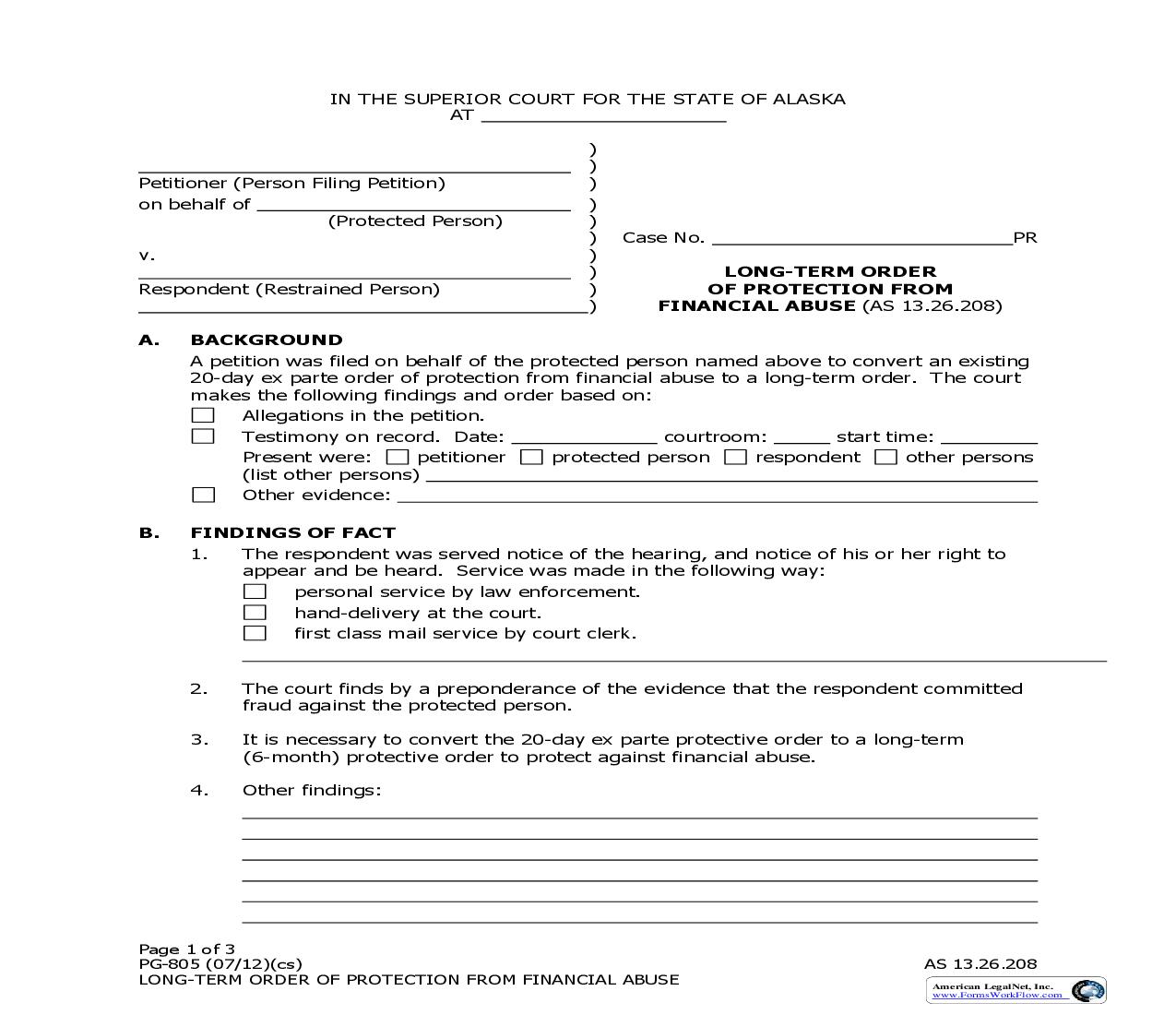 Long-Term Order Of Protection From Financial Abuse {PG-805} | Pdf Fpdf Docx | Alaska