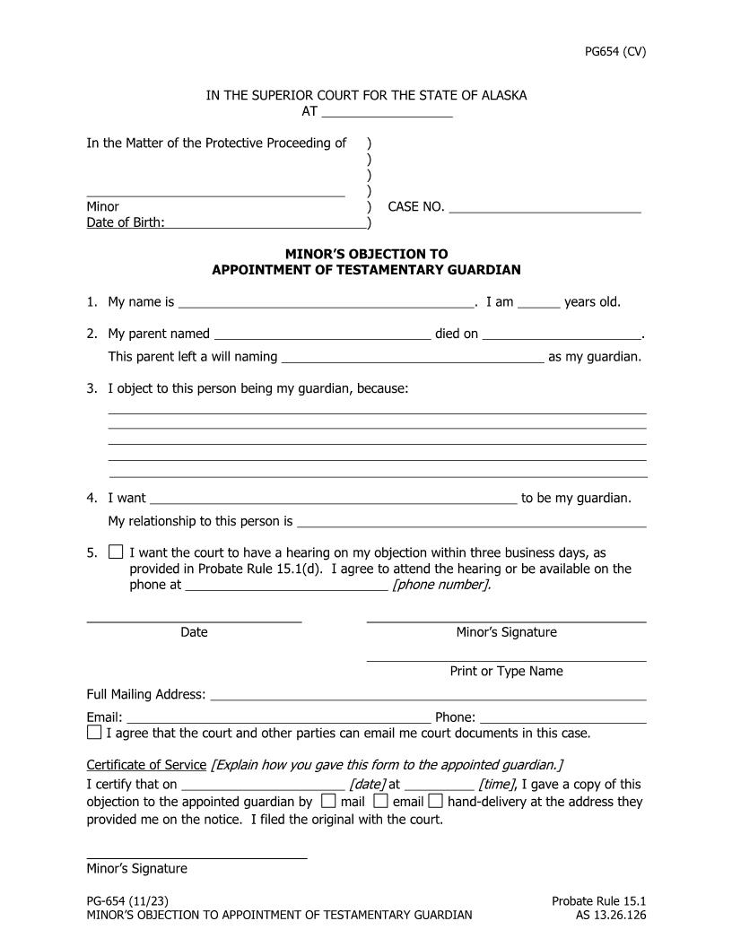 Minors Objection To Appointment Of Testamentary Guardian {PG-654} | Pdf Fpdf Doc Docx | Alaska