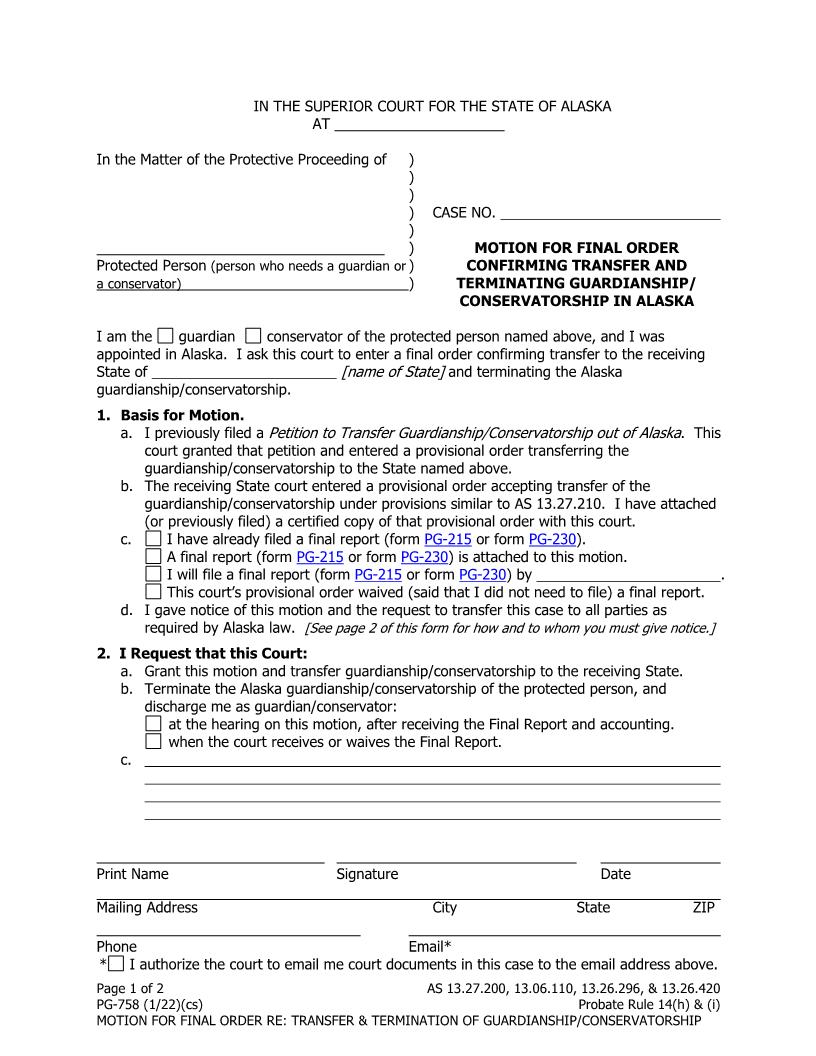 Motion For Final Order Confirming Transfer {PG-758} | Pdf Fpdf Docx | Alaska