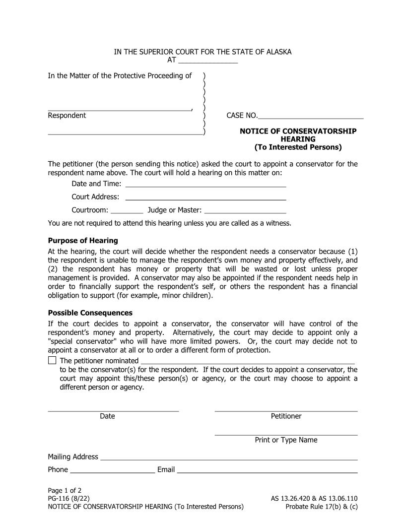Notice Of Conservatorship Hearing To Interested Persons {PG-116} | Pdf Fpdf Doc Docx | Alaska