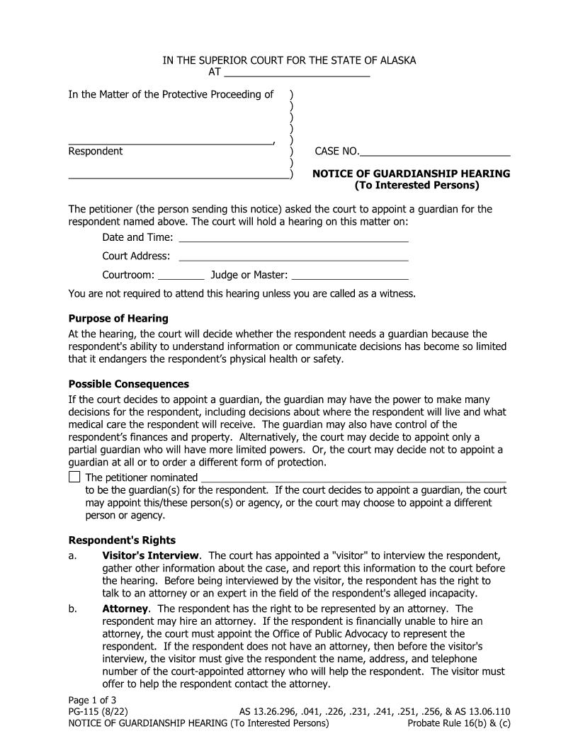 Notice Of Guardianship Hearing To Interested Persons {PG-115} | Pdf Fpdf Doc Docx | Alaska