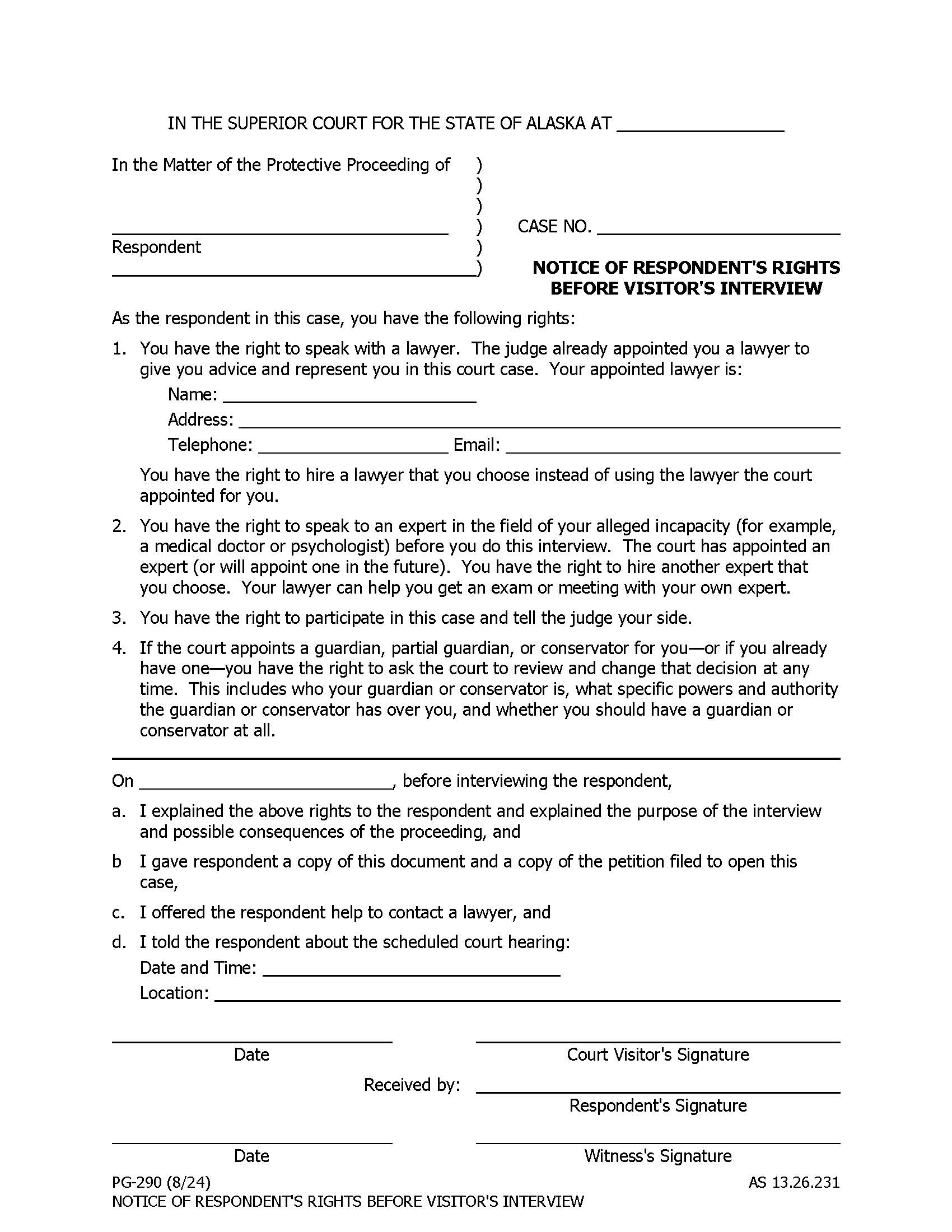 Notice Of Respondents Rights Before Visitors Interview {PG-290} | Pdf Fpdf Docx | Alaska