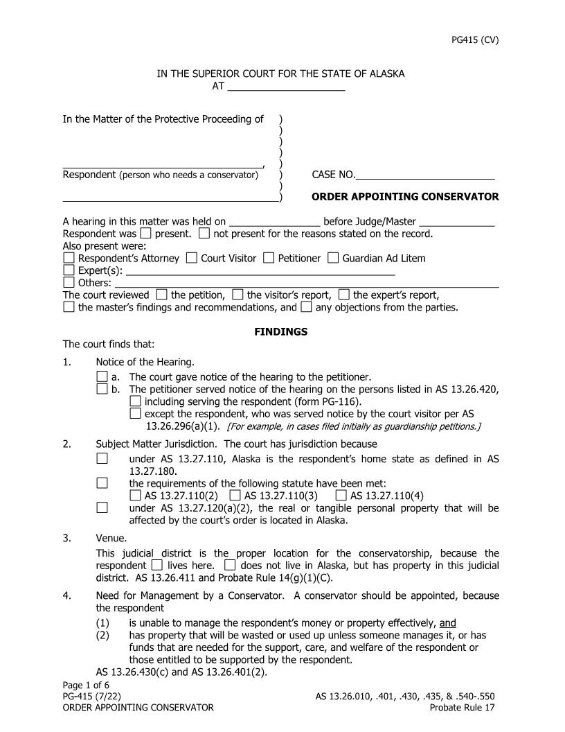 Order Appointing Conservator {PG-415} | Pdf Fpdf Docx | Alaska
