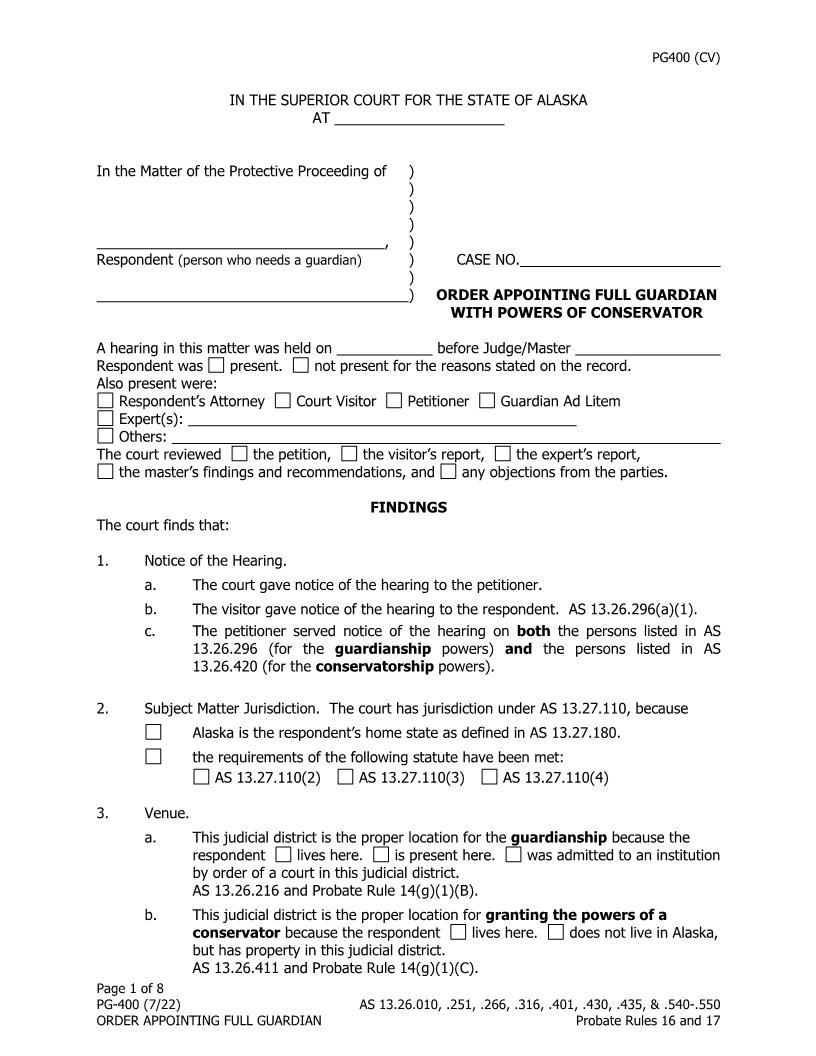Order Appointing Full Guardian With Powers Of Conservator {PG-400} | Pdf Fpdf Doc Docx | Alaska