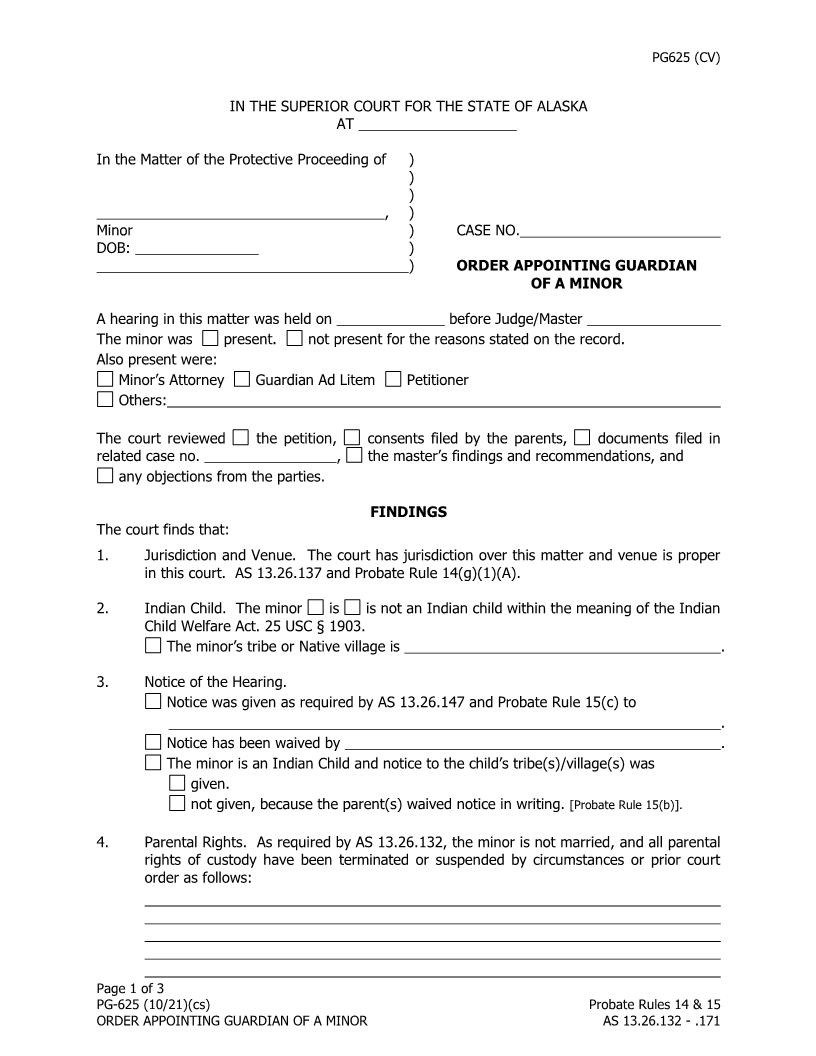 Order Appointing Guardian Of A Minor {PG-625} | Pdf Fpdf Doc Docx | Alaska