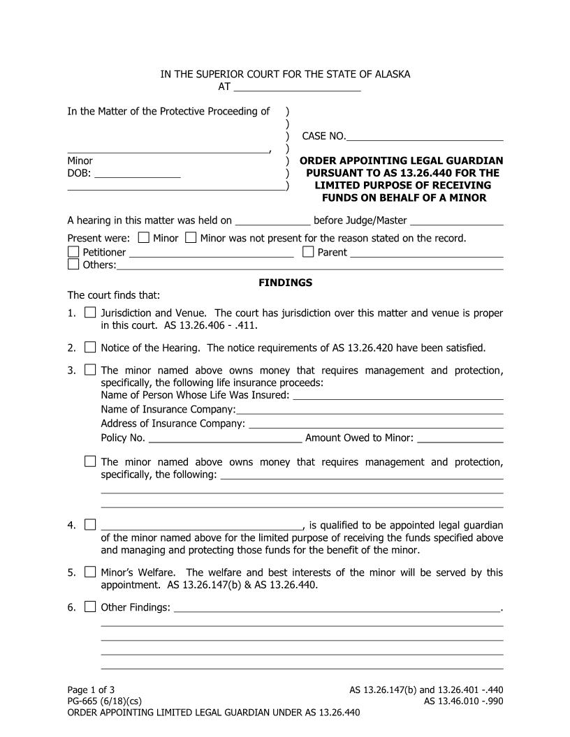 Order Appointing Legal Guardian For The Limited Purpose Of Receiving Funds {PG-665} | Pdf Fpdf Docx | Alaska