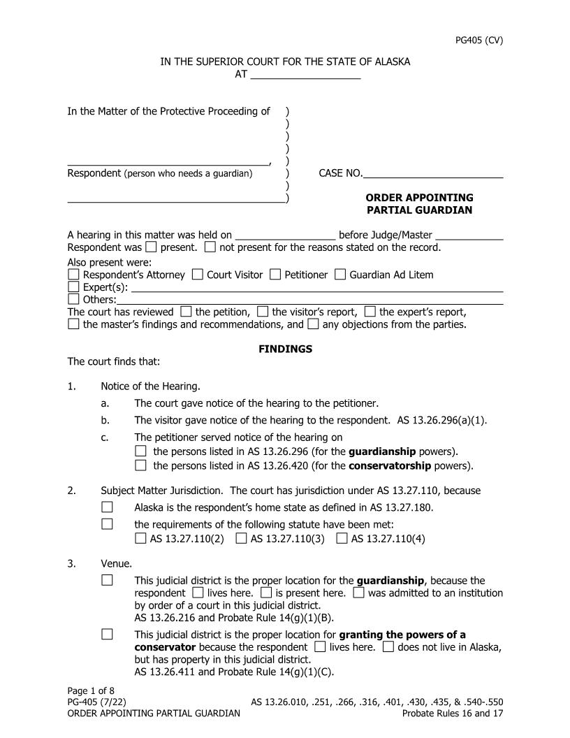 Order Appointing Partial Guardian {PG-405} | Pdf Fpdf Doc Docx | Alaska
