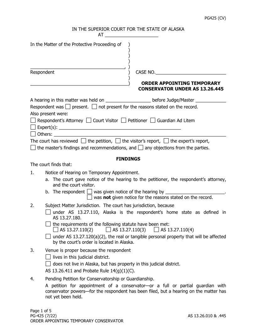 Order Appointing Temporary Conservator {PG-425} | Pdf Fpdf Docx | Alaska