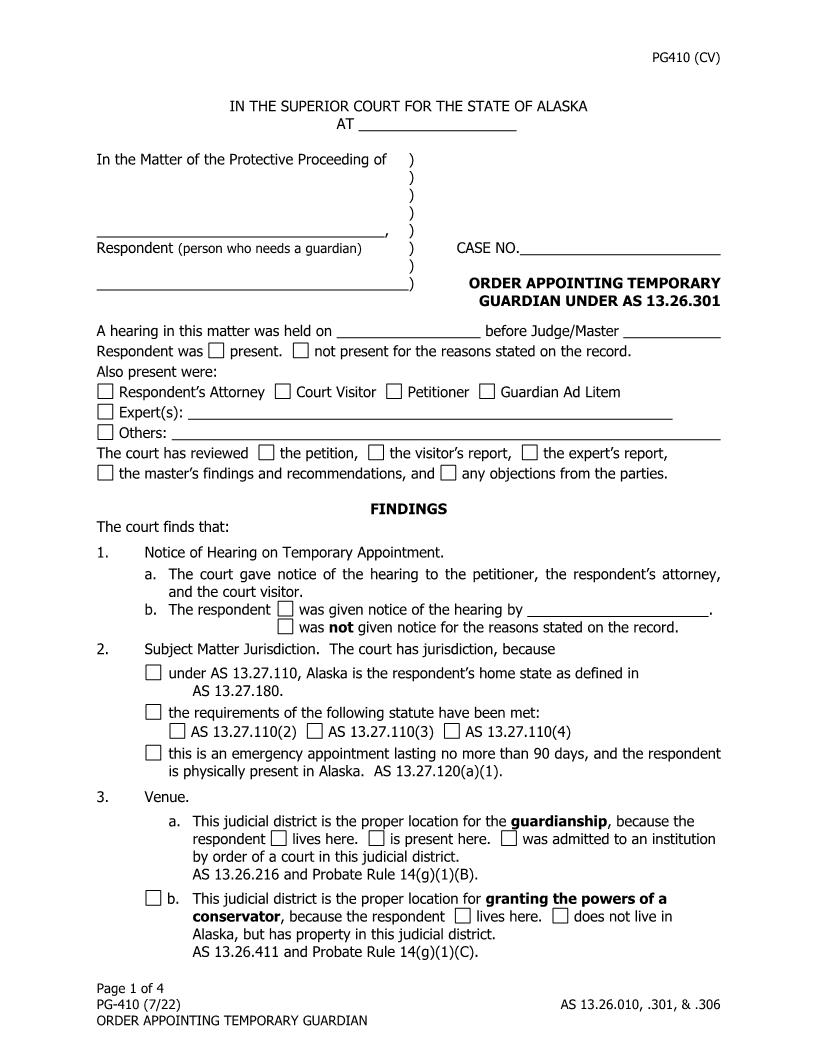 Order Appointing Temporary Guardian {PG-410} | Pdf Fpdf Doc Docx | Alaska