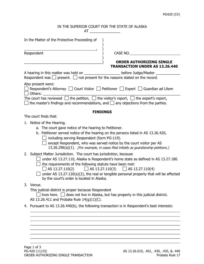 Order Authorizing Single Transaction {PG-420} | Pdf Fpdf Doc Docx | Alaska