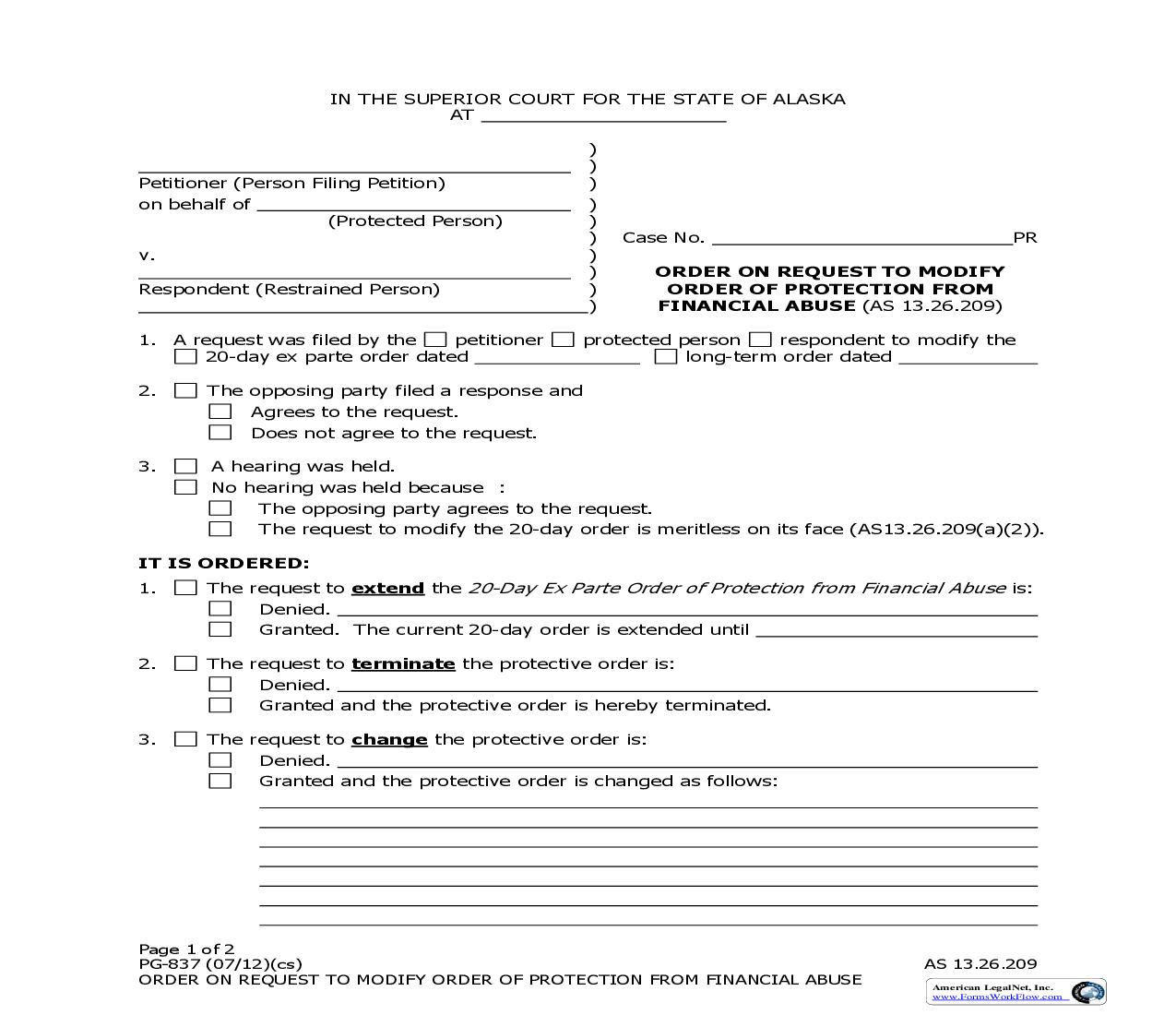 Order On Request To Modify Order Of Protection From Financial Abuse {PG-837} | Pdf Fpdf Docx | Alaska