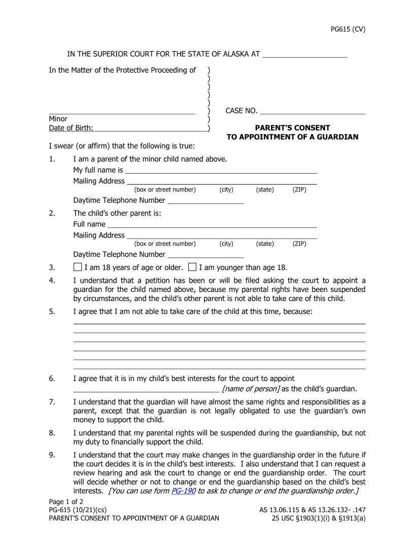 Parents Consent To Appointment Of A Guardian {PG-615} | Pdf Fpdf Doc Docx | Alaska