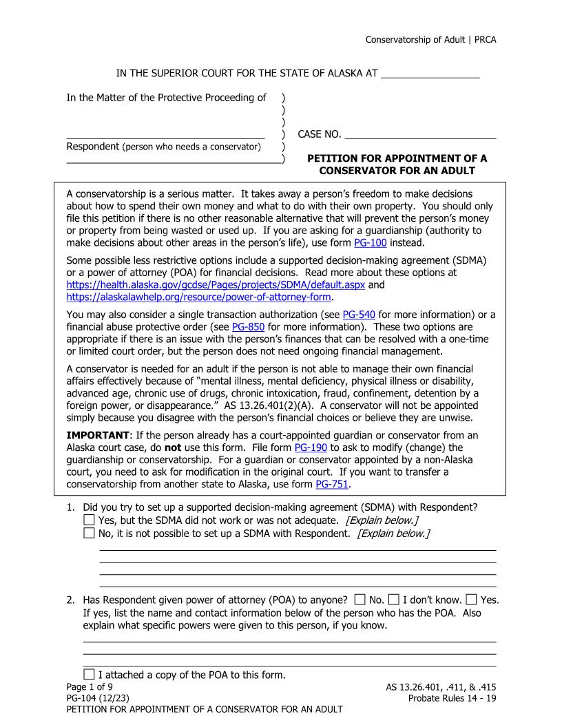 Petition For Appointment Of A Conservator For An Adult {PG-104} | Pdf Fpdf Doc Docx | Alaska
