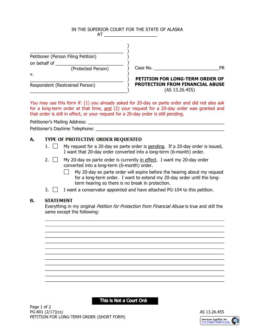 Petition For Long Term Order Of Protection From Financial Abuse {PG-801} | Pdf Fpdf Docx | Alaska