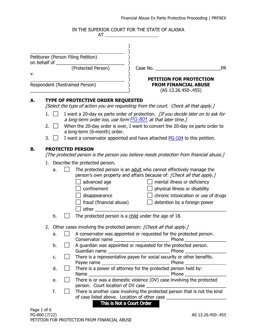 Petition For Protection From Financial Abuse {PG-800 & 827} | Pdf Fpdf Docx | Alaska
