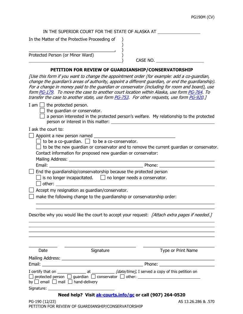 Petition For Review Of Guardianship Conservatorship {PG-190} | Pdf Fpdf Doc Docx | Alaska
