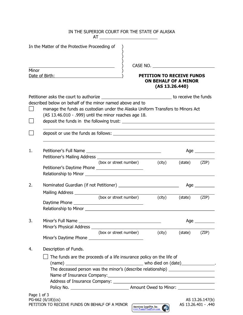 Petition To Receive Funds On Behalf Of A Minor {PG-662} | Pdf Fpdf Docx | Alaska
