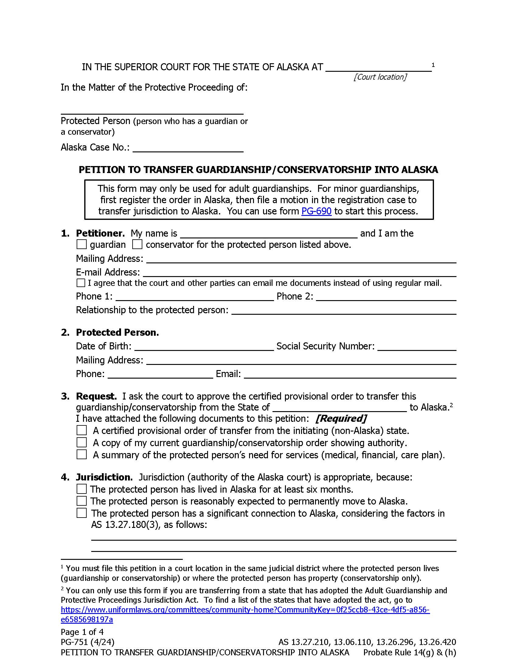 Petition To Transfer Guardianship Conservatorship Into Alaska {PG-751} | Pdf Fpdf Docx | Alaska