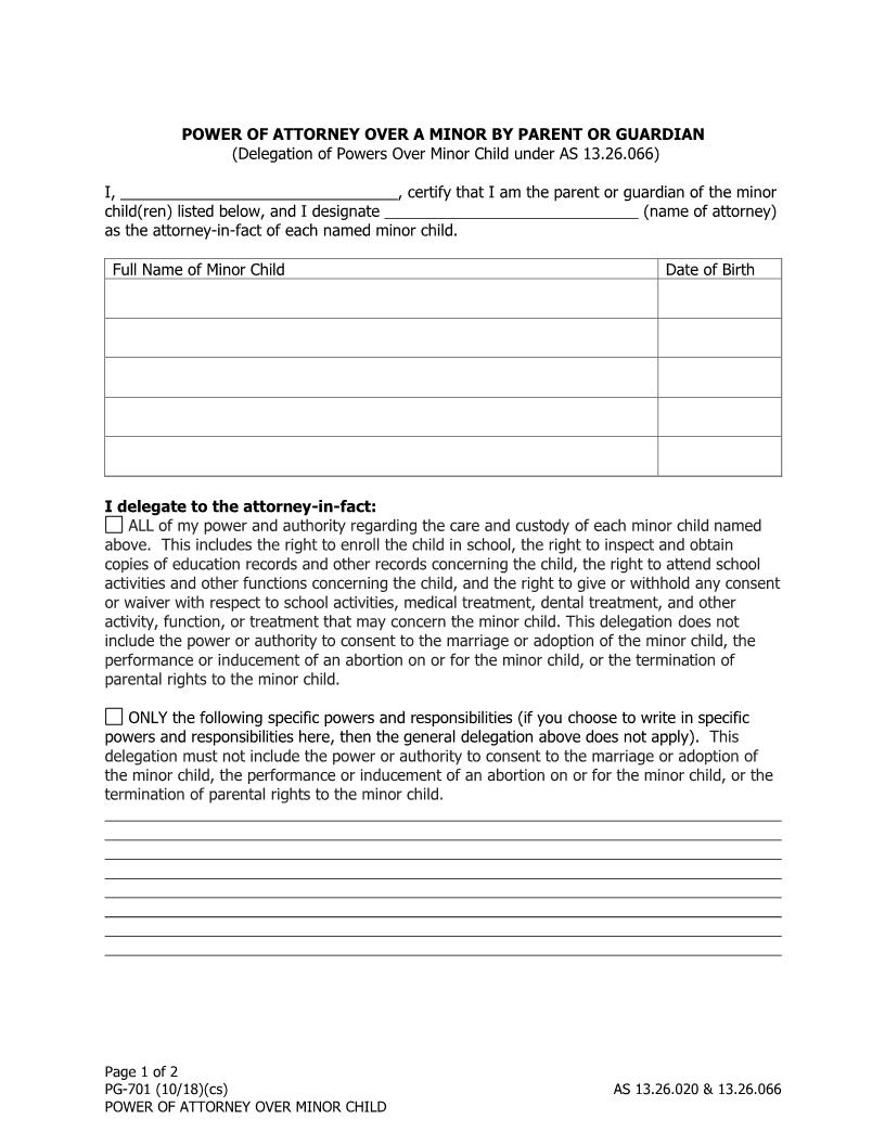 Power Of Attorney Over A Minor By Parent Or Guardian {PG-701} | Pdf Fpdf Docx | Alaska