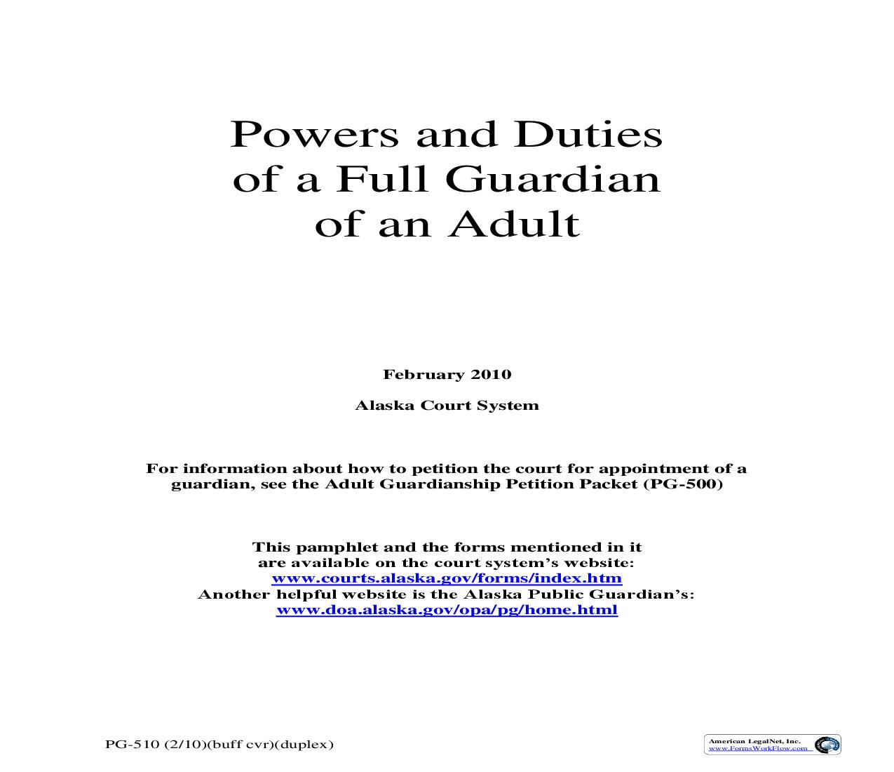 Powers And Duties Of A Full Guardian Of An Adult {PG-510} | Pdf Fpdf Doc Docx | Alaska