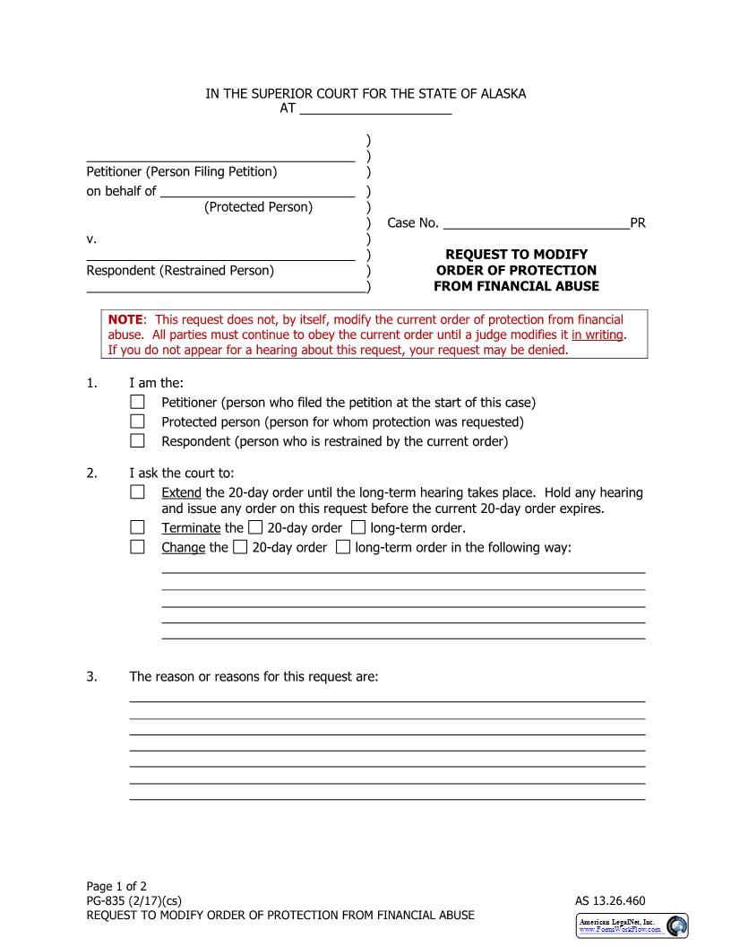 Request To Modify Order Of Protection From Financial Abuse {PG-835} | Pdf Fpdf Docx | Alaska