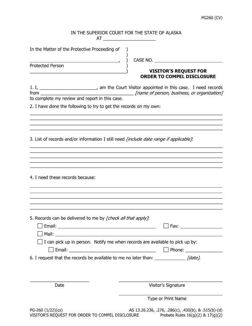 Visitors Request For Order To Compel Disclosure {PG-260} | Pdf Fpdf Docx | Alaska