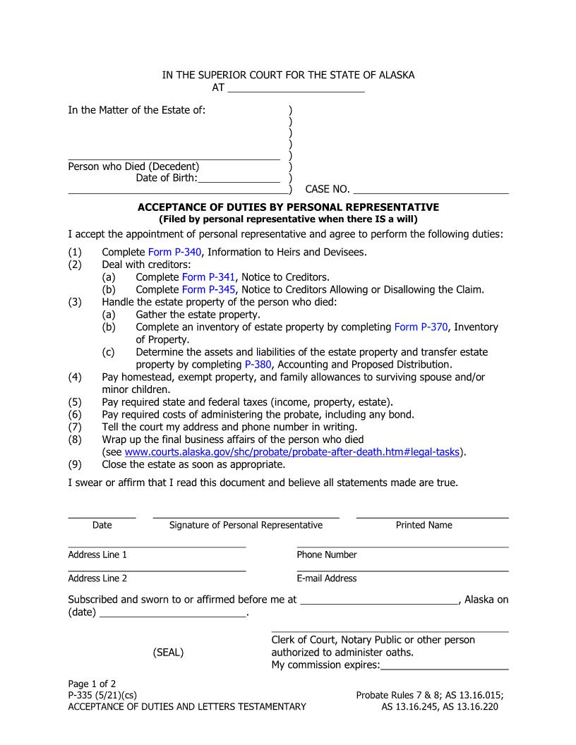 Acceptance Of Duties By Personal Representative {P-335} | Pdf Fpdf Doc Docx | Alaska