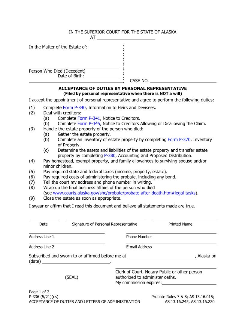 Acceptance Of Duties By Personal Representative And Letters Of Administration {P-336} | Pdf Fpdf Doc Docx | Alaska