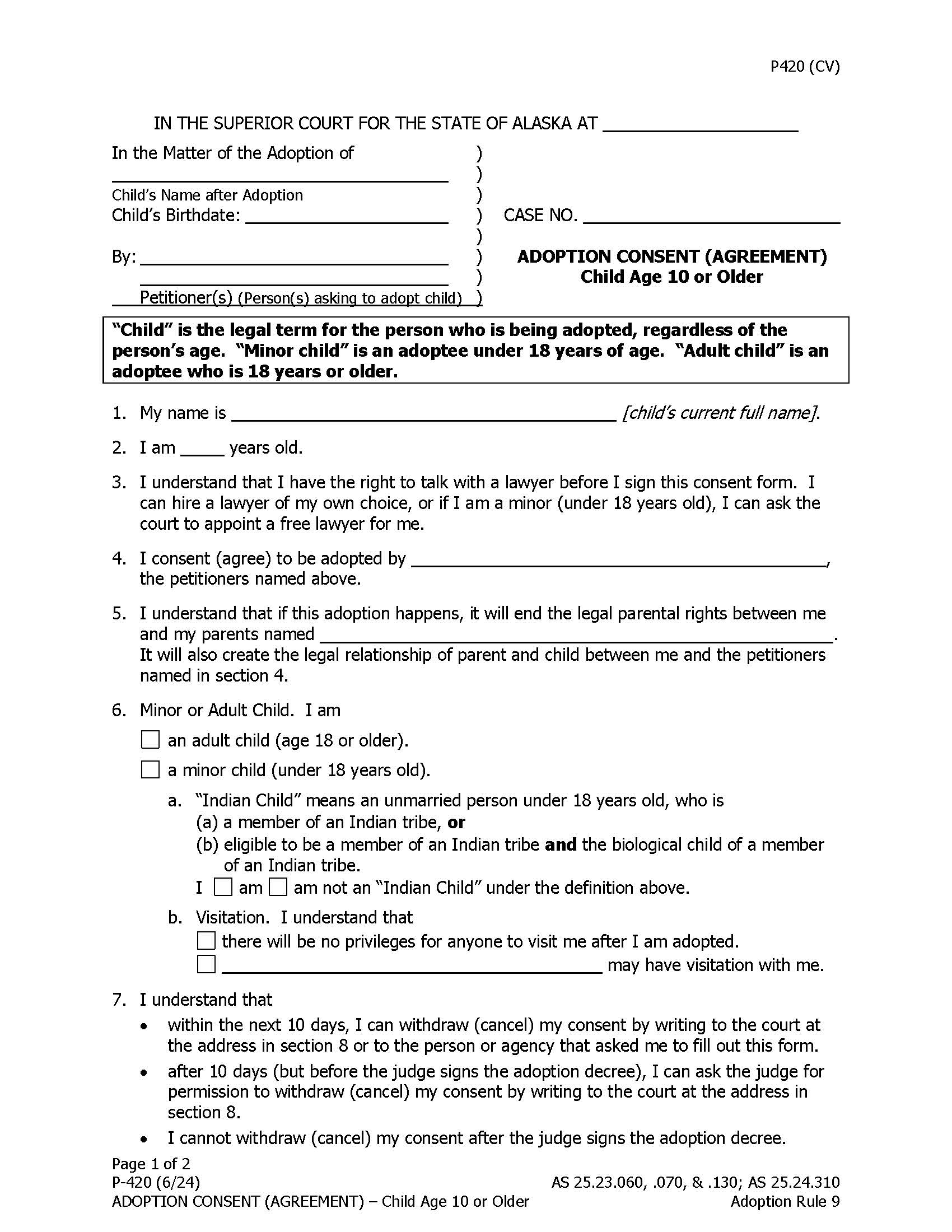 Adoption Consent Child 10 Or Older {P-420} | Pdf Fpdf Doc Docx | Alaska