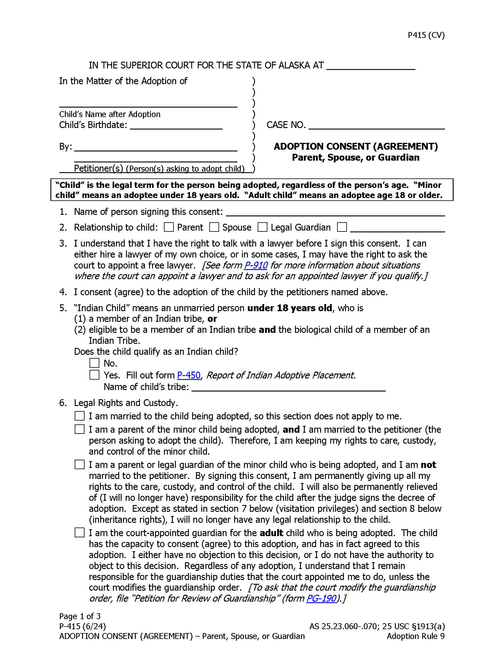 Adoption Consent Parent Spouse Guardian {P-415} | Pdf Fpdf Docx | Alaska