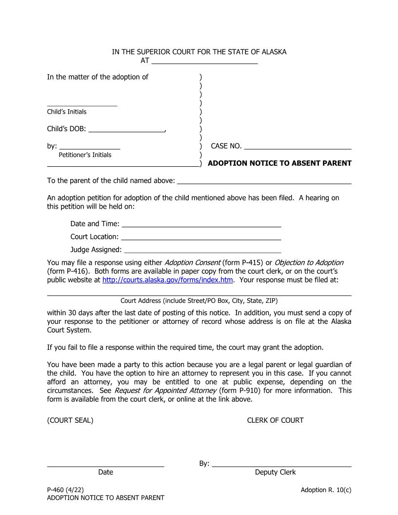 Adoption Notice To Absent Parent {P-460} | Pdf Fpdf Docx | Alaska