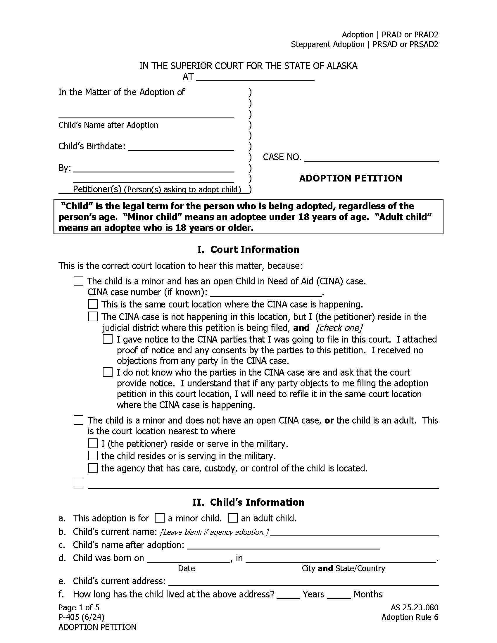 Adoption Petition {P-405} | Pdf Fpdf Doc Docx | Alaska