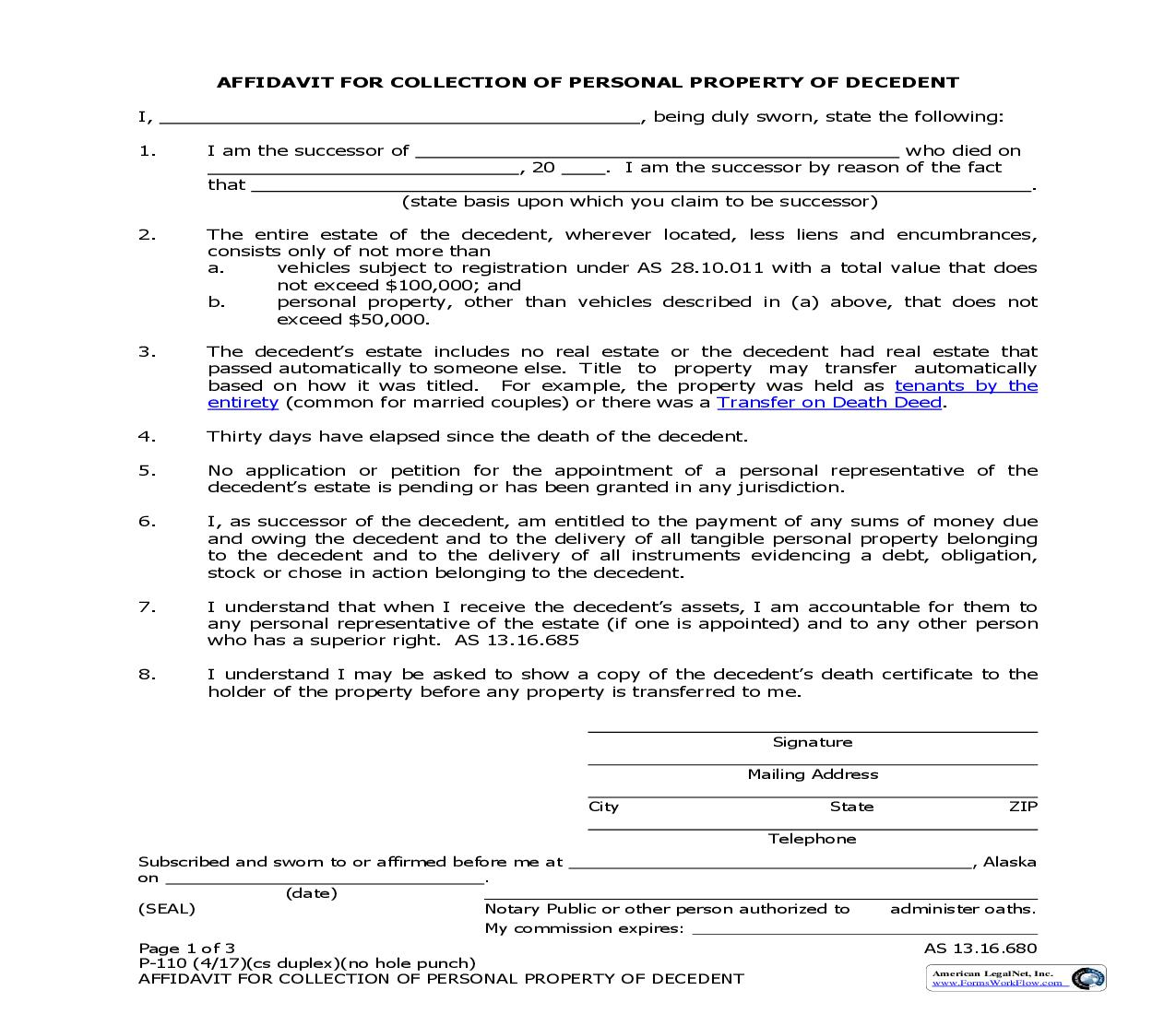 Affidavit For Collection Of Personal Property Of Decedent {P-110} | Pdf Fpdf Doc Docx | Alaska