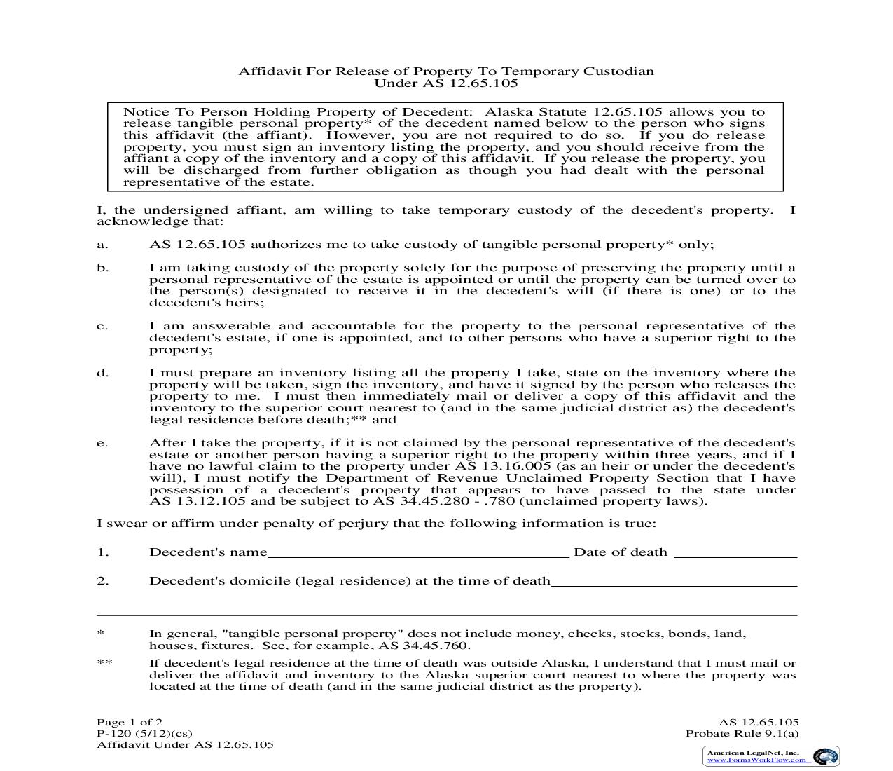 Affidavit For Release Of Property To Temporary Custodian {P-120} | Pdf Fpdf Doc Docx | Alaska