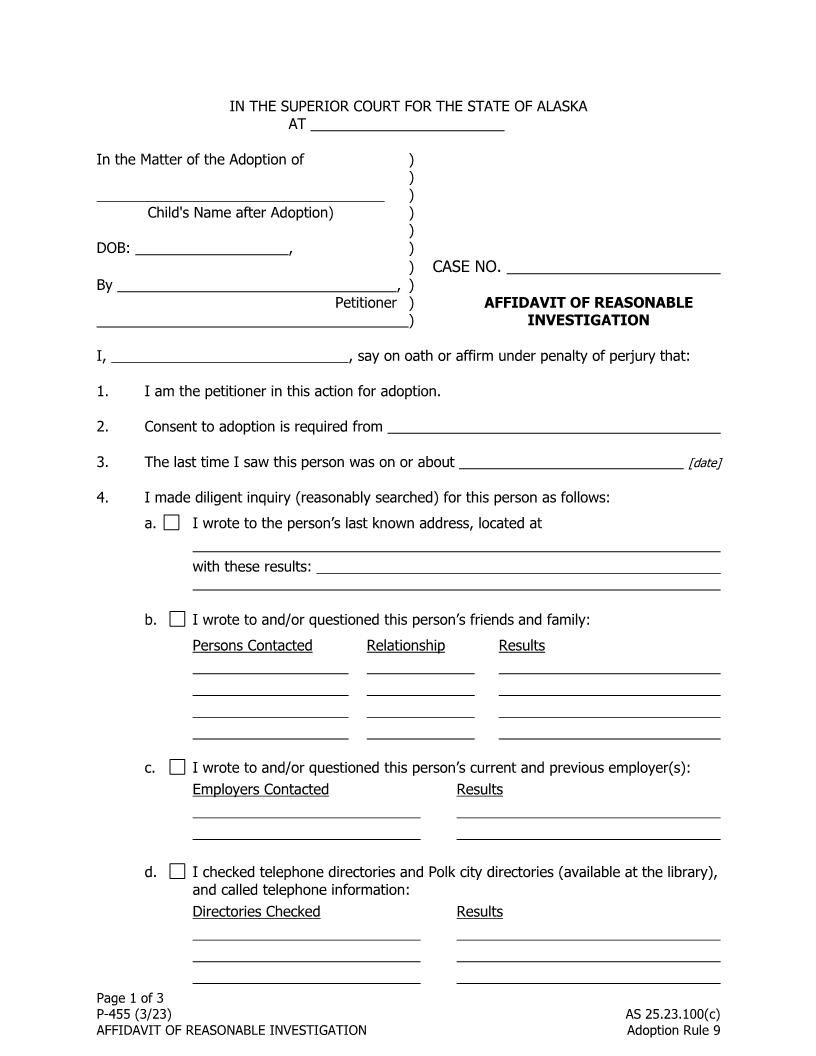 Affidavit Of Reasonable Investigation {P-455} | Pdf Fpdf Docx | Alaska