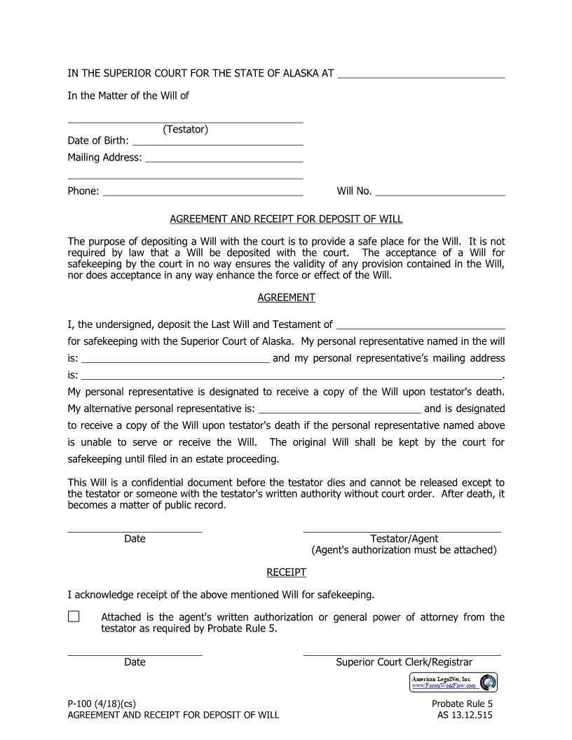 Agreement And Receipt For Deposit Of Will {P-100} | Pdf Fpdf Docx | Alaska