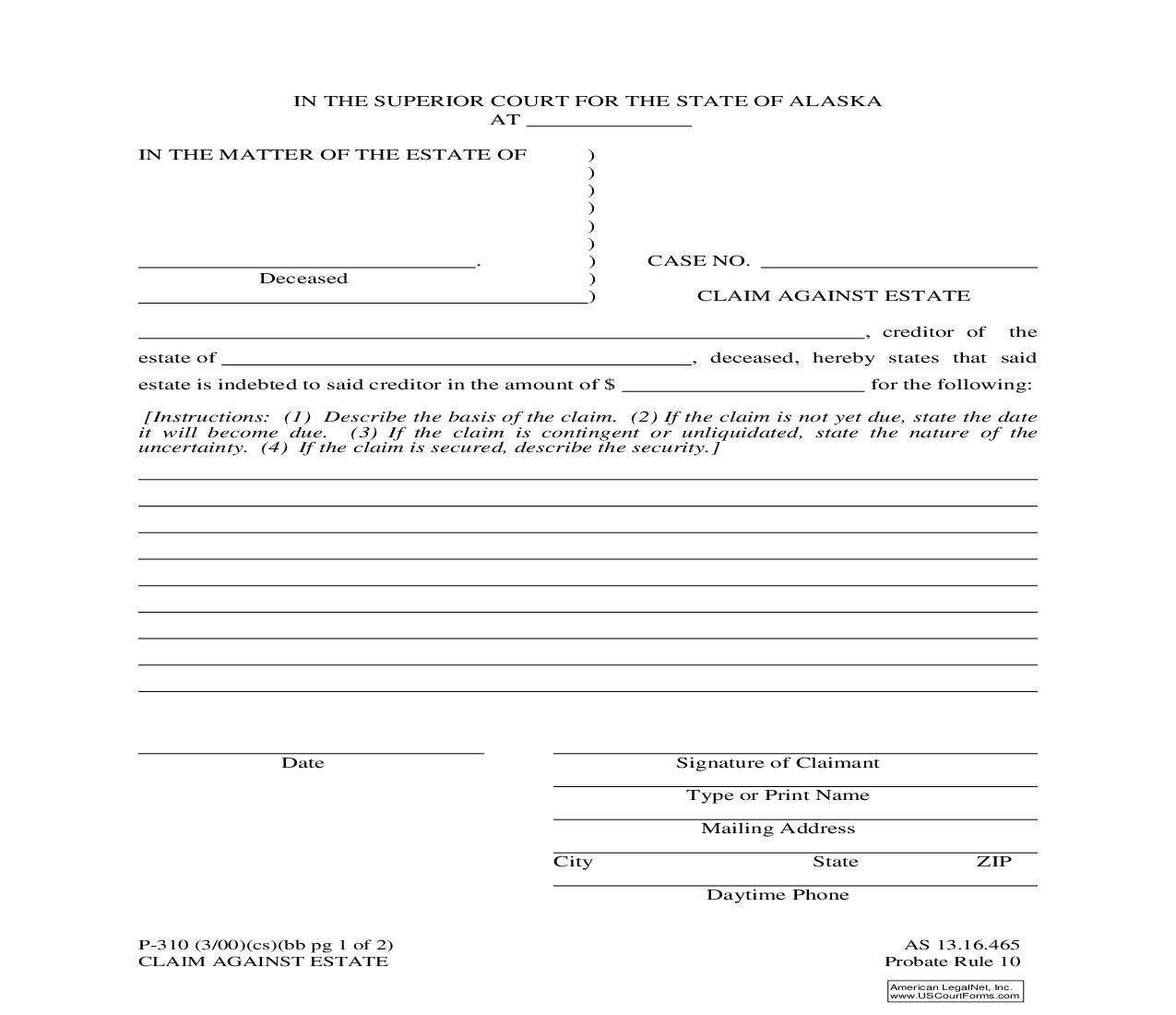 Claim Against Estate {P-310} | Pdf Fpdf Doc Docx | Alaska