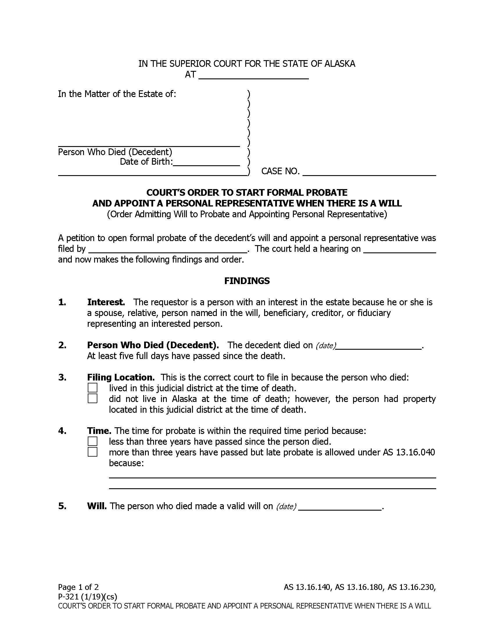 Courts Order To Start Formal Probate And Appoint A Personal Representative When There Is A Will {P-321} | Pdf Fpdf Docx | Alaska