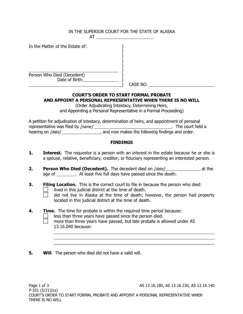 Courts Order To Start Formal Probate And Appoint A Personal Representative When There Is No Will {P-331} | Pdf Fpdf Docx | Alaska